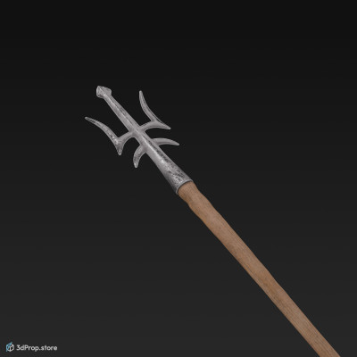 3D model of a sharp trident with long, wooden handle and tree-pronged ending, from AD 30, Roman Empire, Europe.