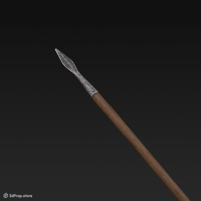 3D model of a gladiator spear, with long, wooden handle and sharp pronged ending, from AD 30, Roman Empire, Europe.