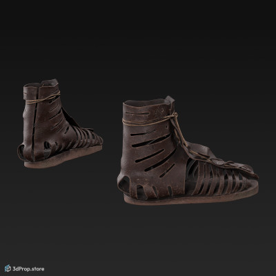 3D model of knee high gladiator sandals, from AD 30, Roman Empire, Europe.