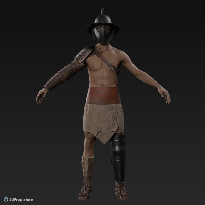 3D model of a Thraex class gladiator  man in an A pose with clothes from AD 30, Roman Empire, Europe.
