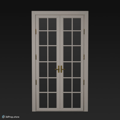 3D model of a rectangular, high, glass terrace door with white, wooden frame, from 1960, USA.