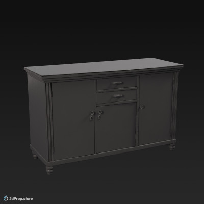 3D model of a blue, wooden kitchen cabinet from 1960.