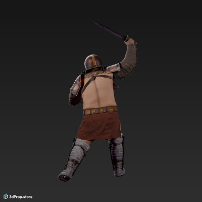 3D model of a Provocator gladiator from the AD30,  Ancient  Roman Empire standing in a dynamic pose, wielding two swords and raising one to attacking with.